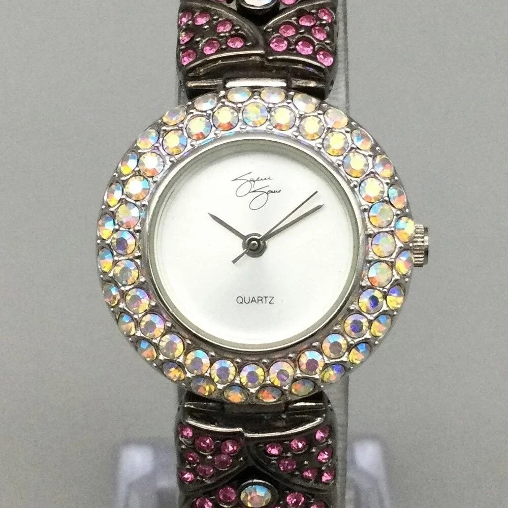 Suzanne Somers Womens Watch 25mm White Dial Pink Crystal Bracelet New Battery